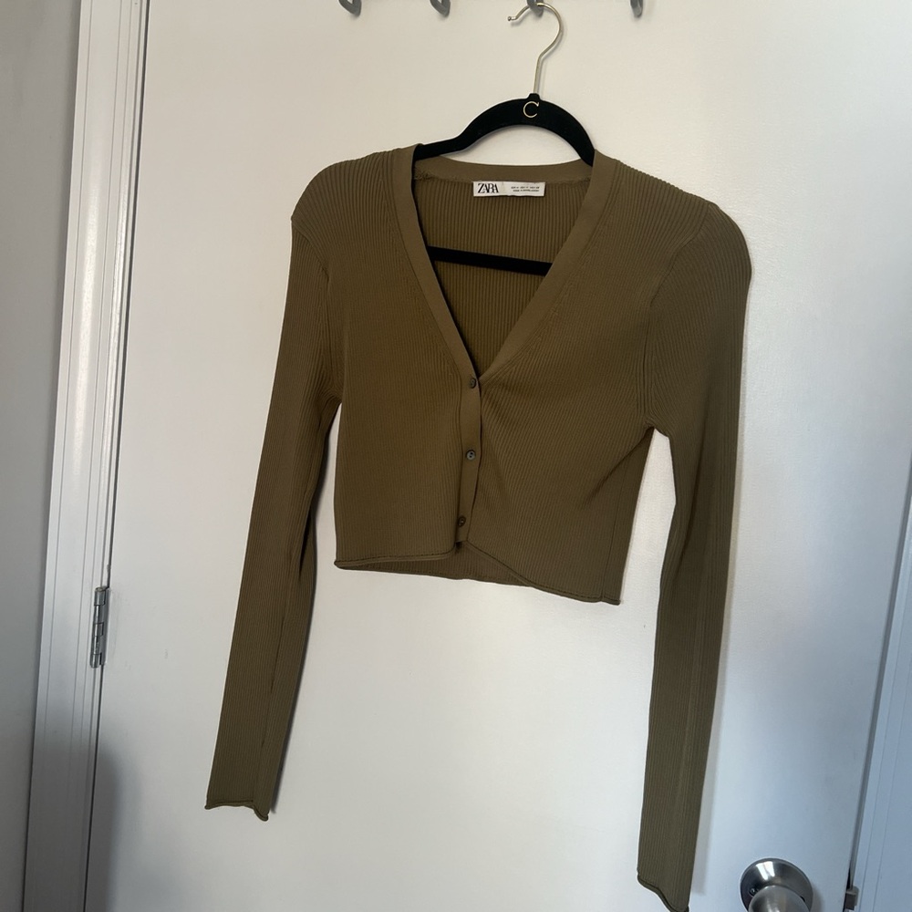 Zara Khaki Ribbed V-Neck Cardigan